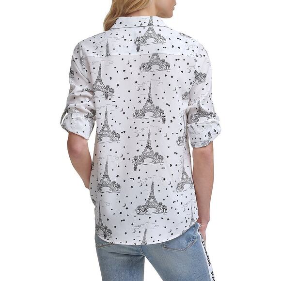 Karl Lagerfeld Paris Eiffel Tower Button Up Top Small White Crepe Roll Tab - Picture 3 of 10
